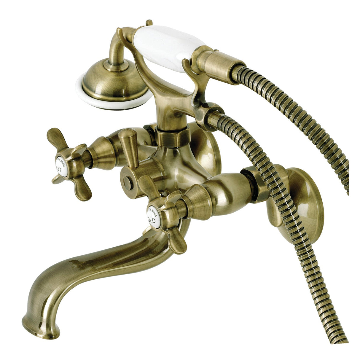 Essex KS245AB Three-Handle 2-Hole Tub Wall Mount Clawfoot Tub Faucet with Handshower, Antique Brass