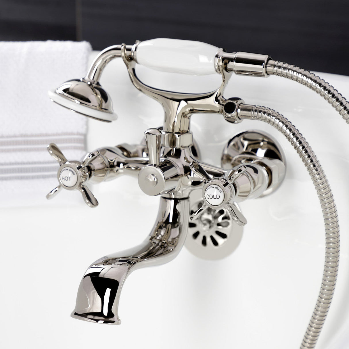 Essex KS245PN Three-Handle 2-Hole Tub Wall Mount Clawfoot Tub Faucet with Handshower, Polished Nickel