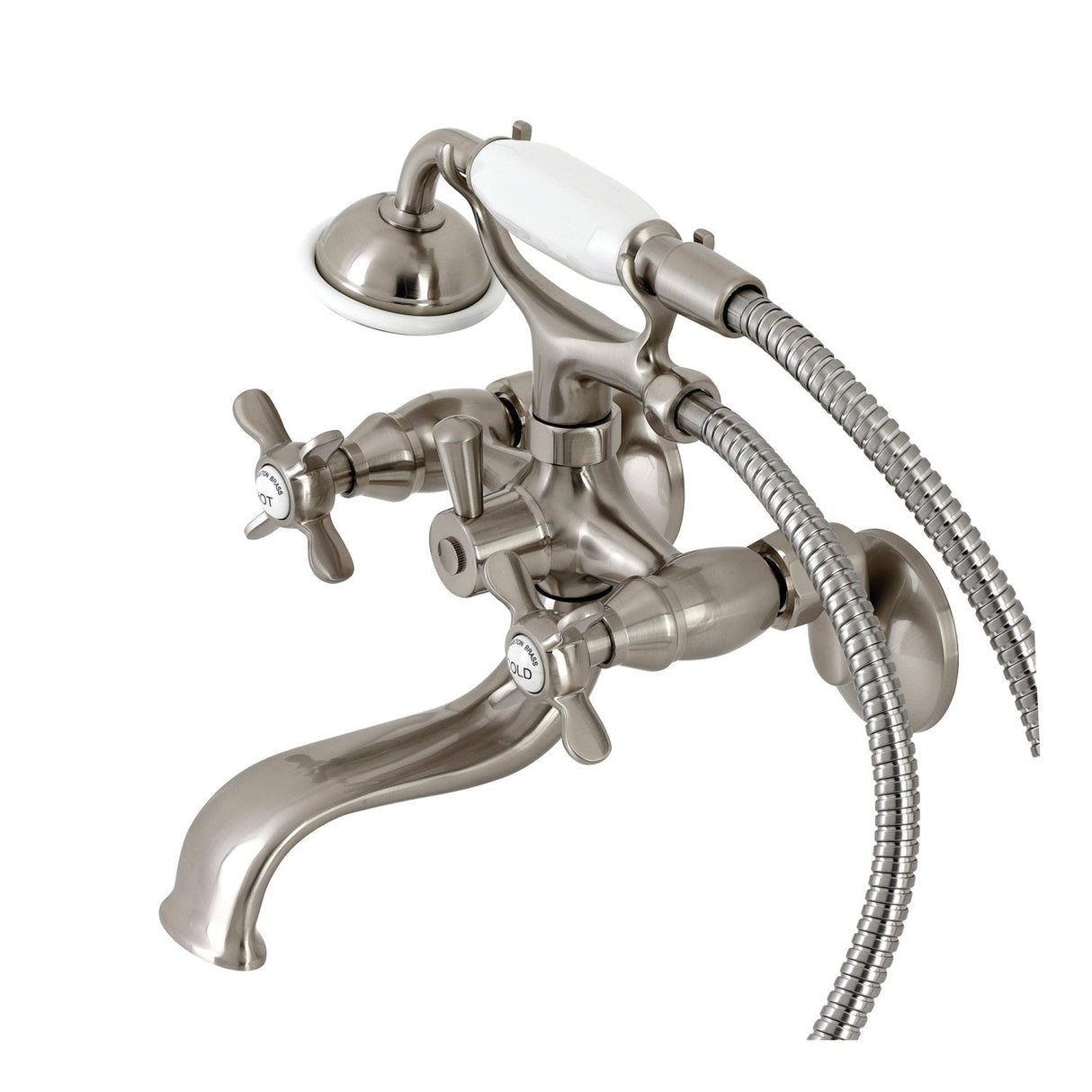 Essex KS245SN Three-Handle 2-Hole Tub Wall Mount Clawfoot Tub Faucet with Handshower, Brushed Nickel