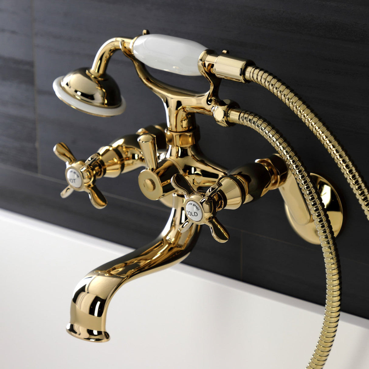 Essex KS246PB Three-Handle 2-Hole Wall Mount Clawfoot Tub Faucet with Handshower, Polished Brass