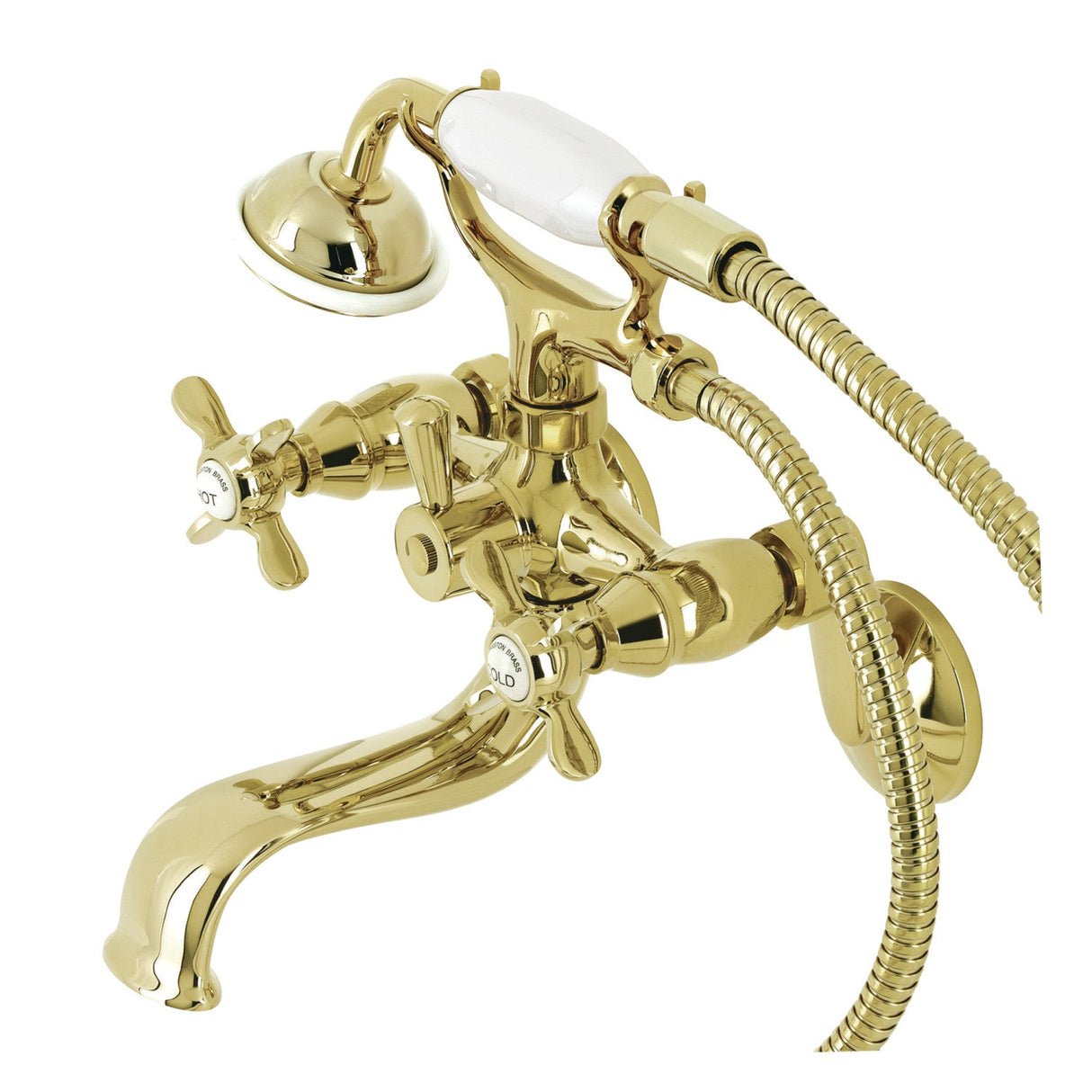 Essex KS246PB Three-Handle 2-Hole Wall Mount Clawfoot Tub Faucet with Handshower, Polished Brass