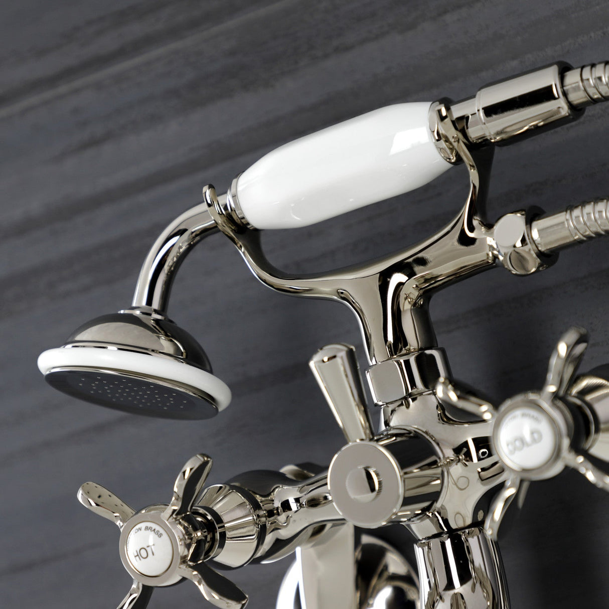 Essex KS246PN Three-Handle 2-Hole Wall Mount Clawfoot Tub Faucet with Handshower, Polished Nickel