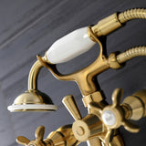 Essex KS246SB Three-Handle 2-Hole Wall Mount Clawfoot Tub Faucet with Handshower, Brushed Brass