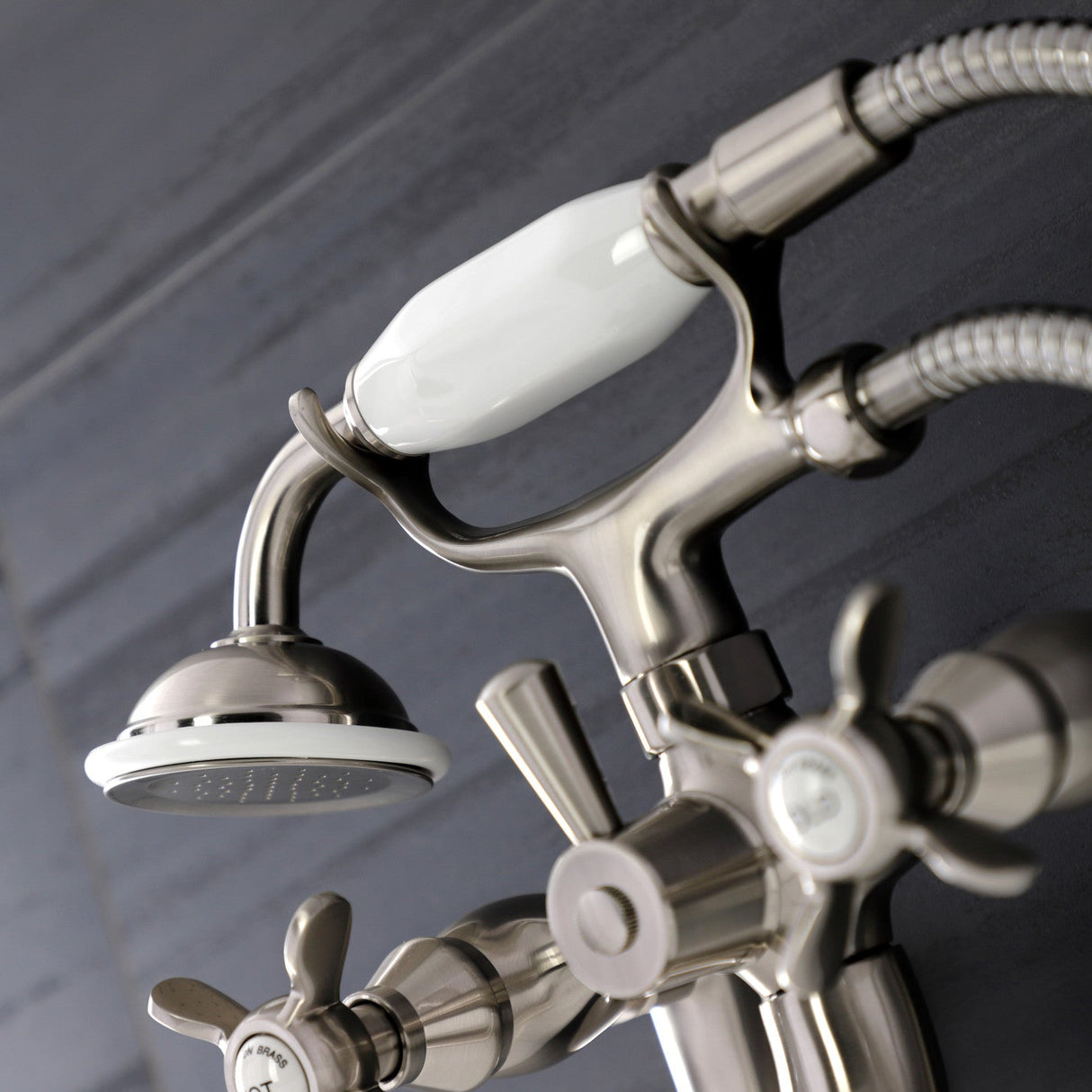 Essex KS246SN Three-Handle 2-Hole Wall Mount Clawfoot Tub Faucet with Handshower, Brushed Nickel