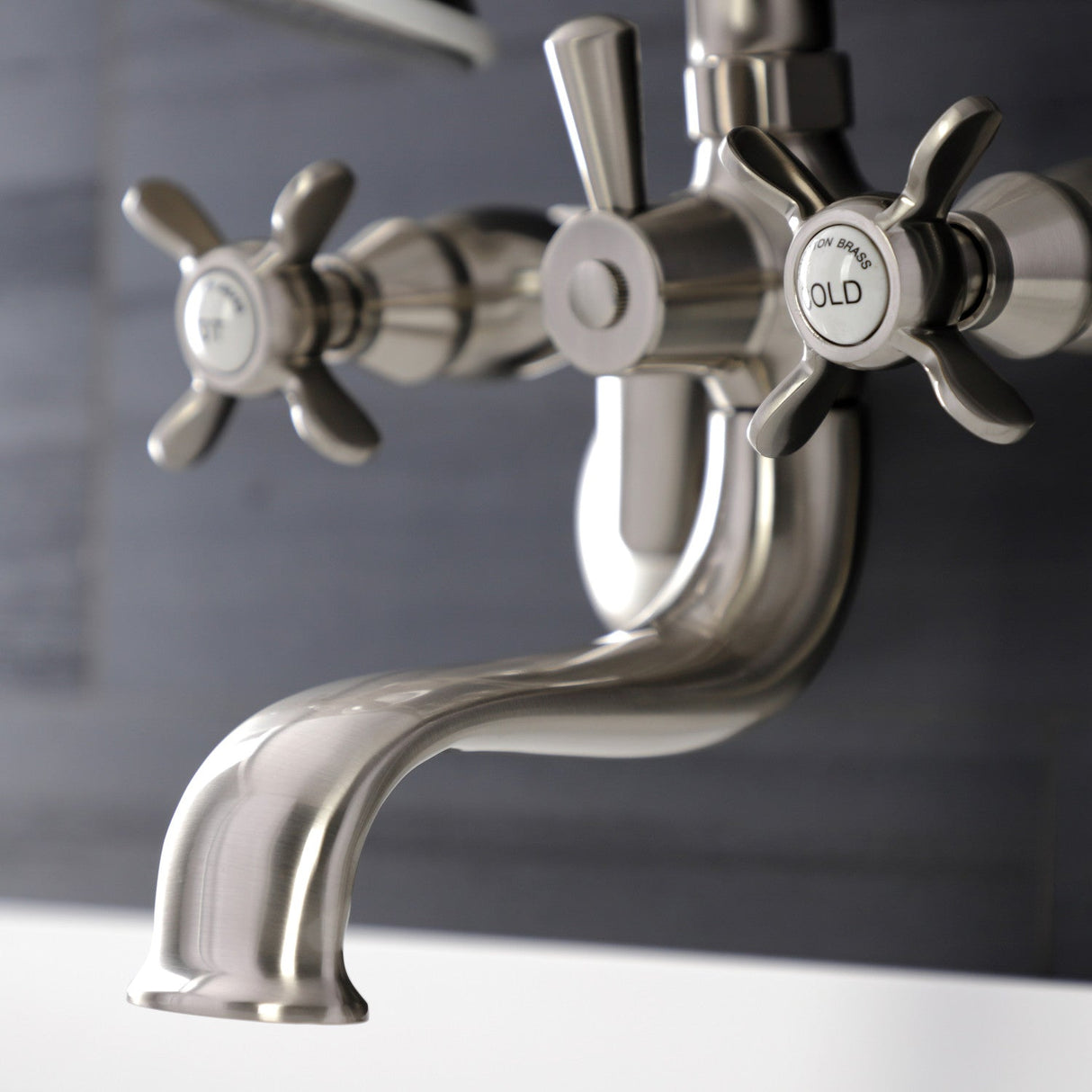 Essex KS246SN Three-Handle 2-Hole Wall Mount Clawfoot Tub Faucet with Handshower, Brushed Nickel