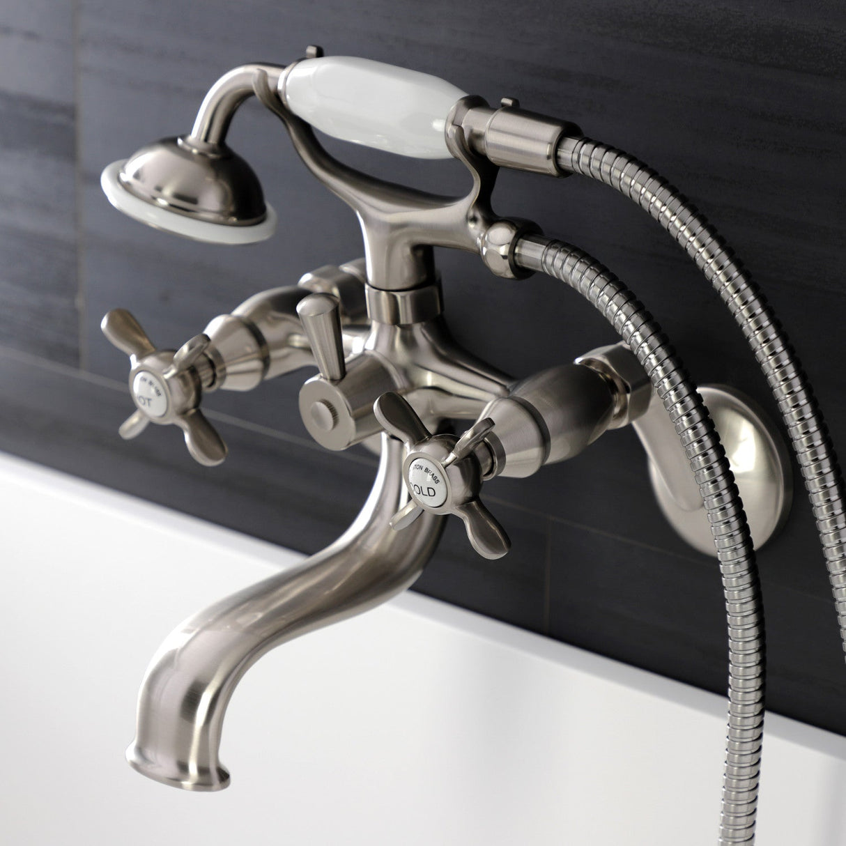 Essex KS246SN Three-Handle 2-Hole Wall Mount Clawfoot Tub Faucet with Handshower, Brushed Nickel