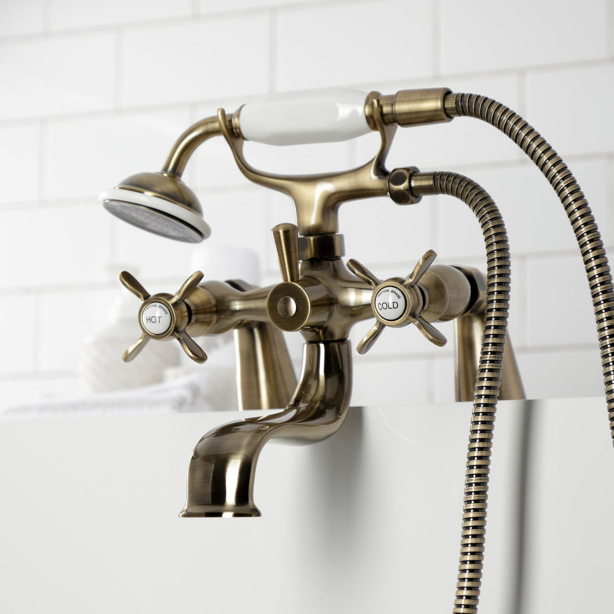 Essex KS247AB Three-Handle 2-Hole Deck Mount Clawfoot Tub Faucet with Handshower, Antique Brass
