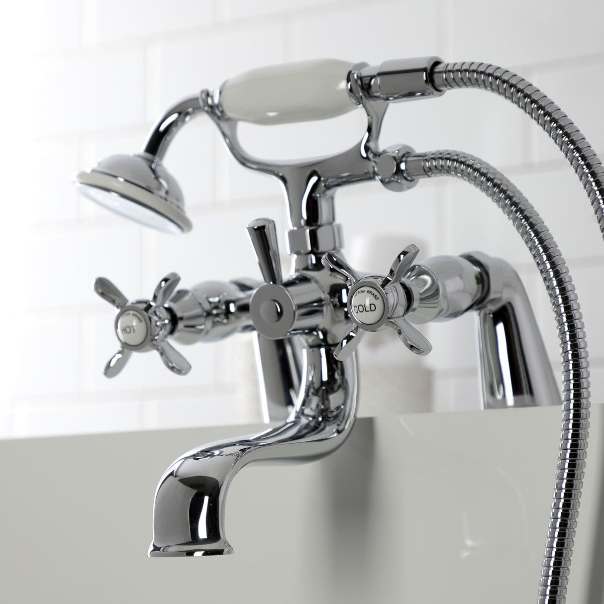 Essex KS247C Three-Handle 2-Hole Deck Mount Clawfoot Tub Faucet with Handshower, Polished Chrome