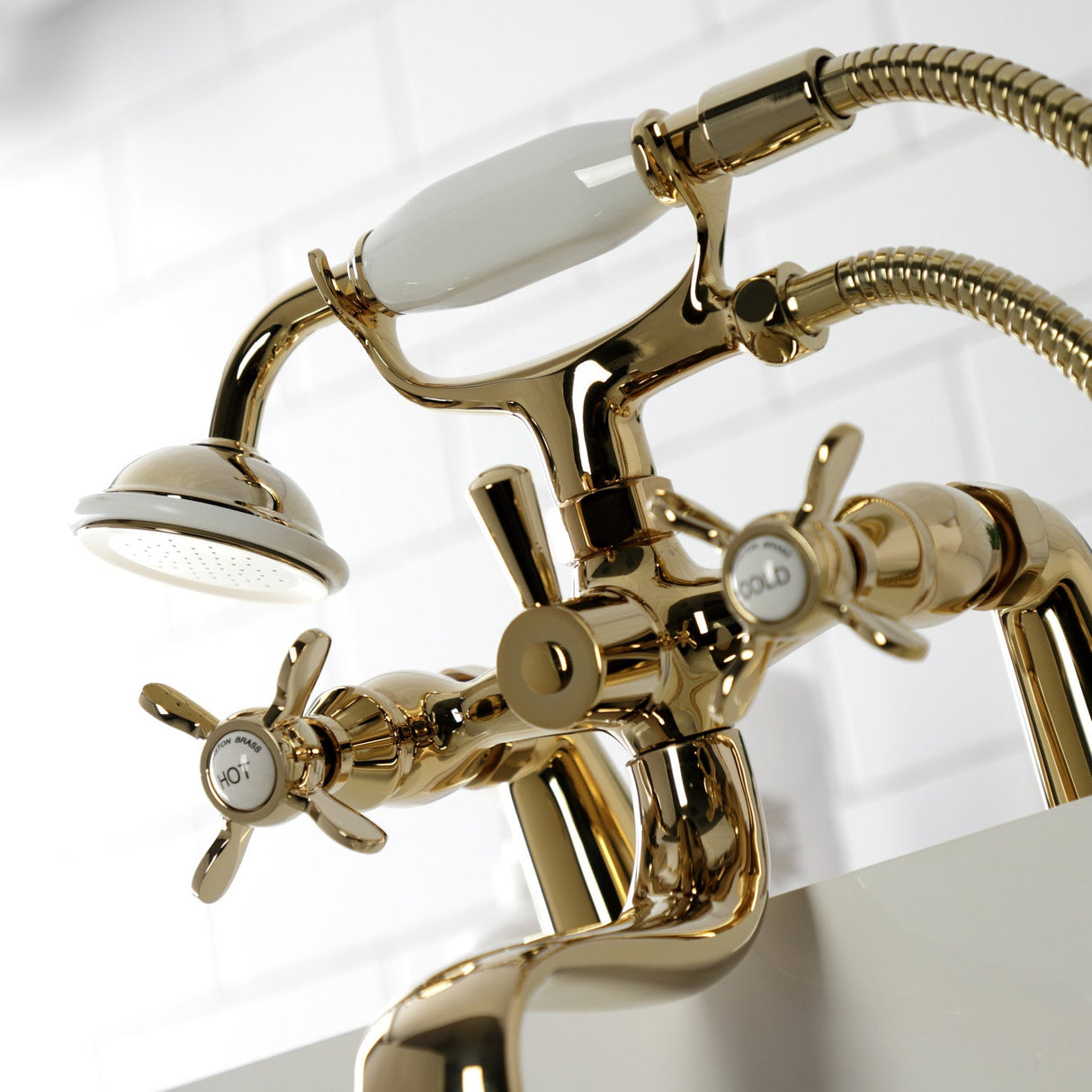 Essex KS247PB Three-Handle 2-Hole Deck Mount Clawfoot Tub Faucet with Handshower, Polished Brass