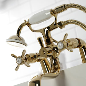 Essex KS247PB Three-Handle 2-Hole Deck Mount Clawfoot Tub Faucet with Handshower, Polished Brass
