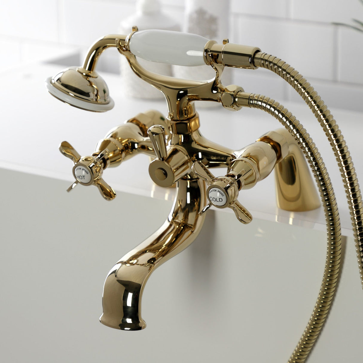 Essex KS247PB Three-Handle 2-Hole Deck Mount Clawfoot Tub Faucet with Handshower, Polished Brass