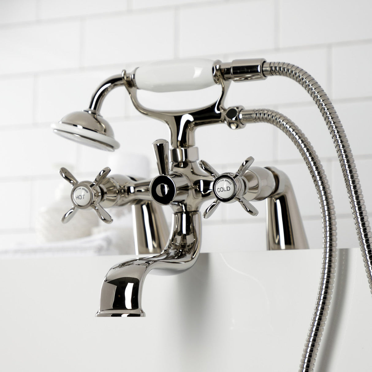 Essex KS247PN Three-Handle 2-Hole Deck Mount Clawfoot Tub Faucet with Handshower, Polished Nickel