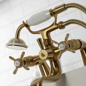 Essex KS247SB Three-Handle 2-Hole Deck Mount Clawfoot Tub Faucet with Handshower, Brushed Brass