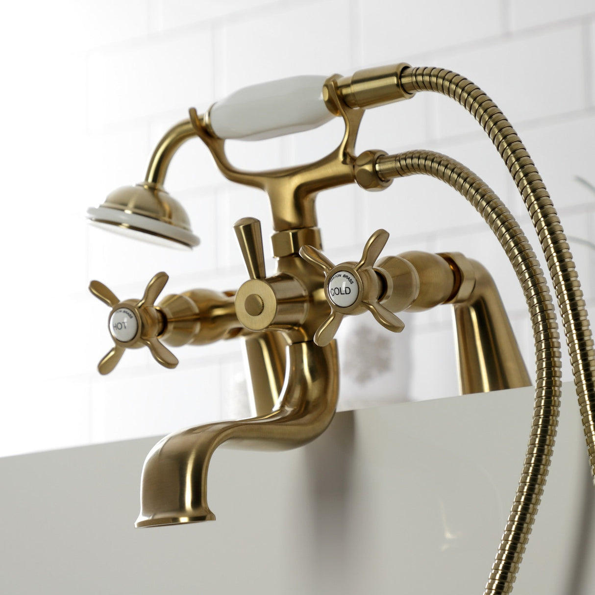 Essex KS247SB Three-Handle 2-Hole Deck Mount Clawfoot Tub Faucet with Handshower, Brushed Brass