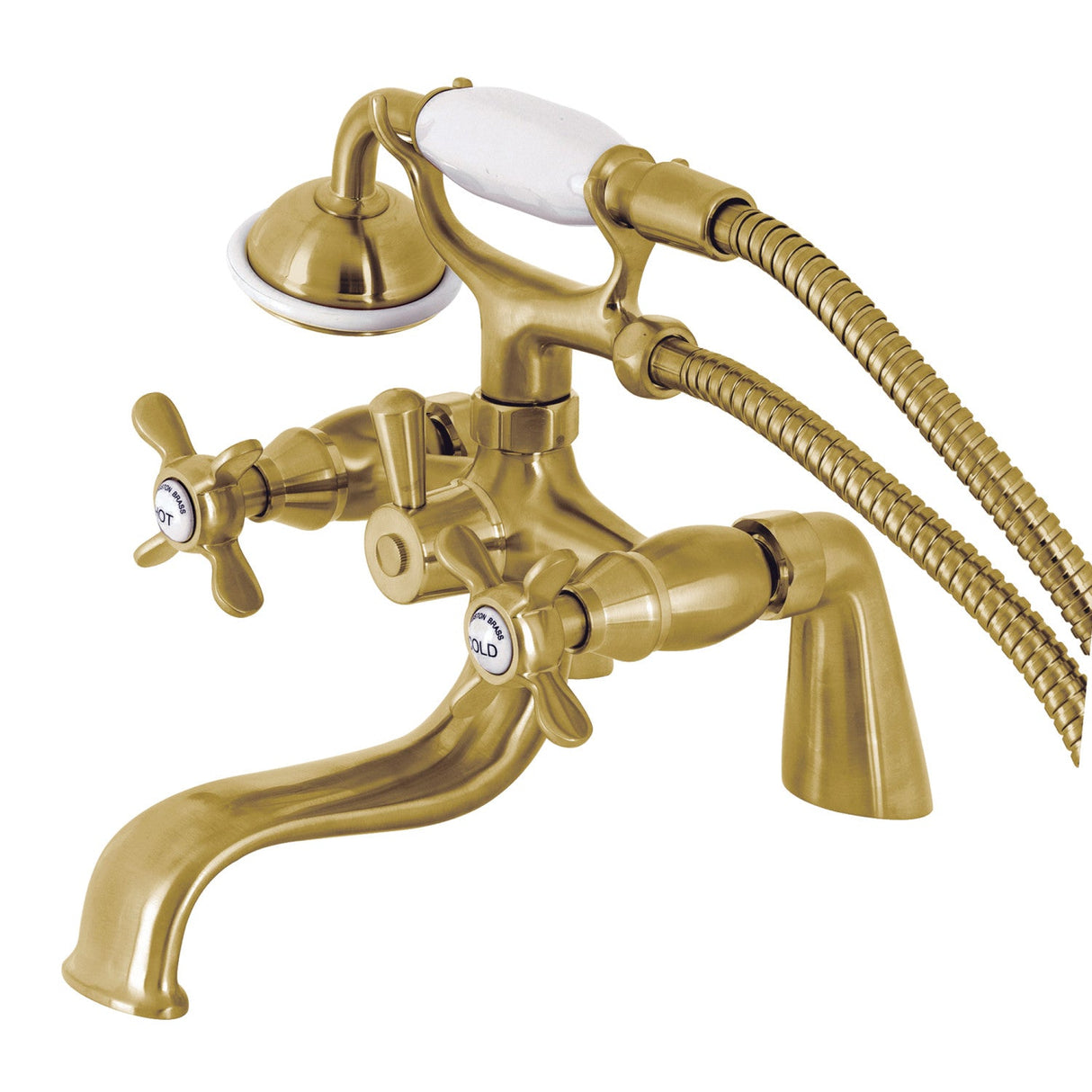 Essex KS247SB Three-Handle 2-Hole Deck Mount Clawfoot Tub Faucet with Handshower, Brushed Brass