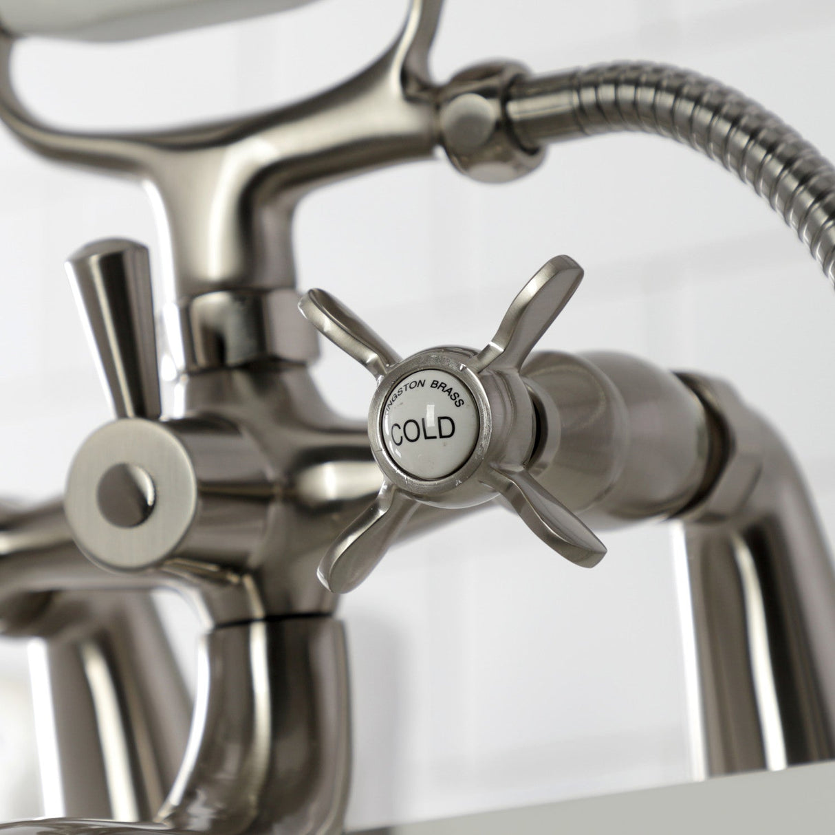 Essex KS247SN Three-Handle 2-Hole Deck Mount Clawfoot Tub Faucet with Handshower, Brushed Nickel