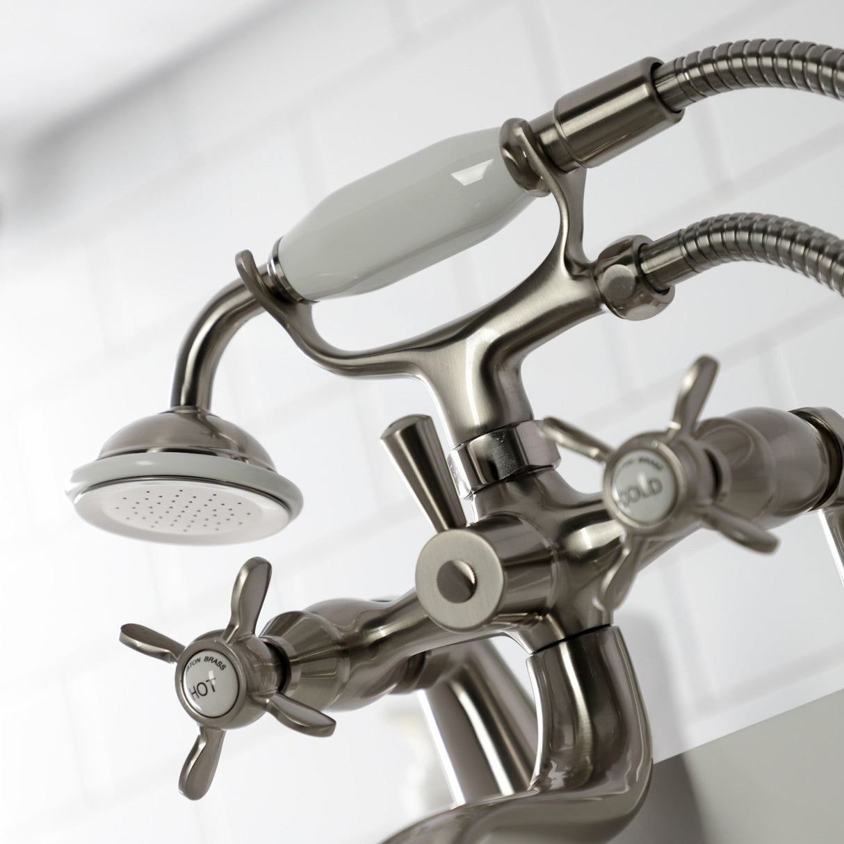 Essex KS247SN Three-Handle 2-Hole Deck Mount Clawfoot Tub Faucet with Handshower, Brushed Nickel