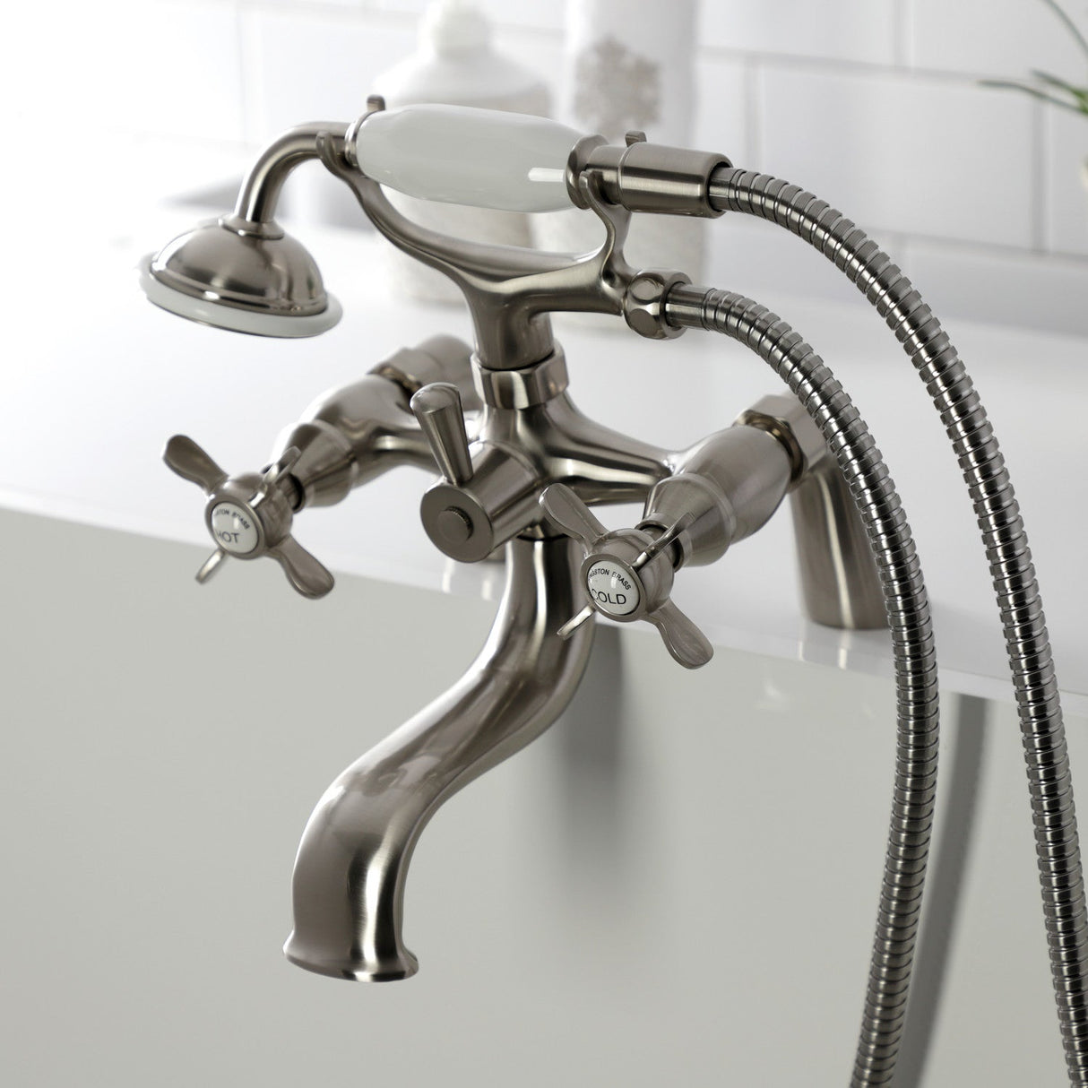 Essex KS247SN Three-Handle 2-Hole Deck Mount Clawfoot Tub Faucet with Handshower, Brushed Nickel