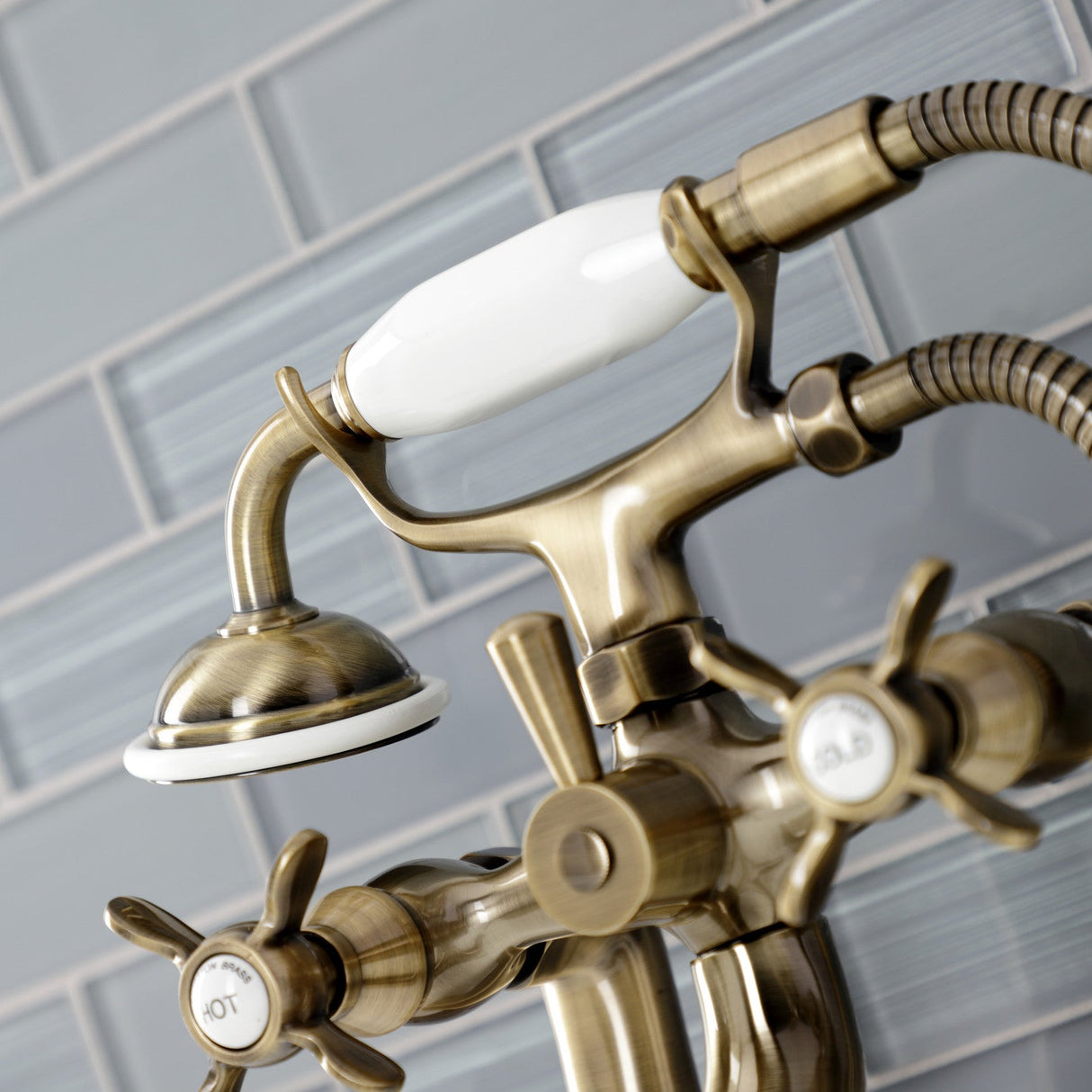Essex KS248AB Three-Handle 2-Hole Deck Mount Clawfoot Tub Faucet with Handshower, Antique Brass