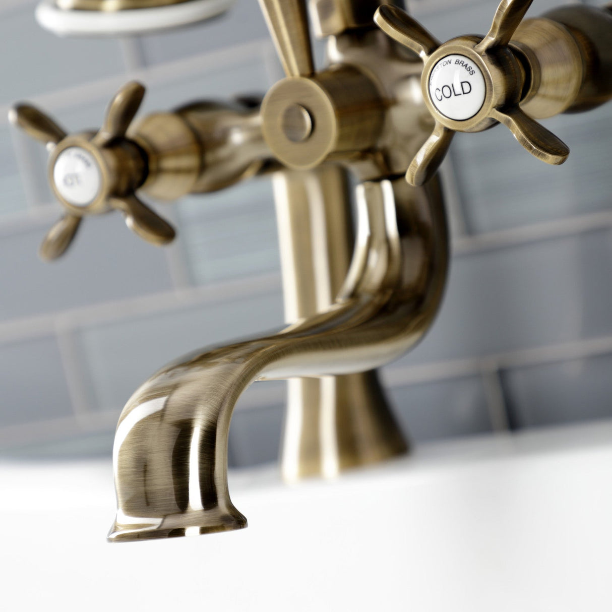 Essex KS248AB Three-Handle 2-Hole Deck Mount Clawfoot Tub Faucet with Handshower, Antique Brass