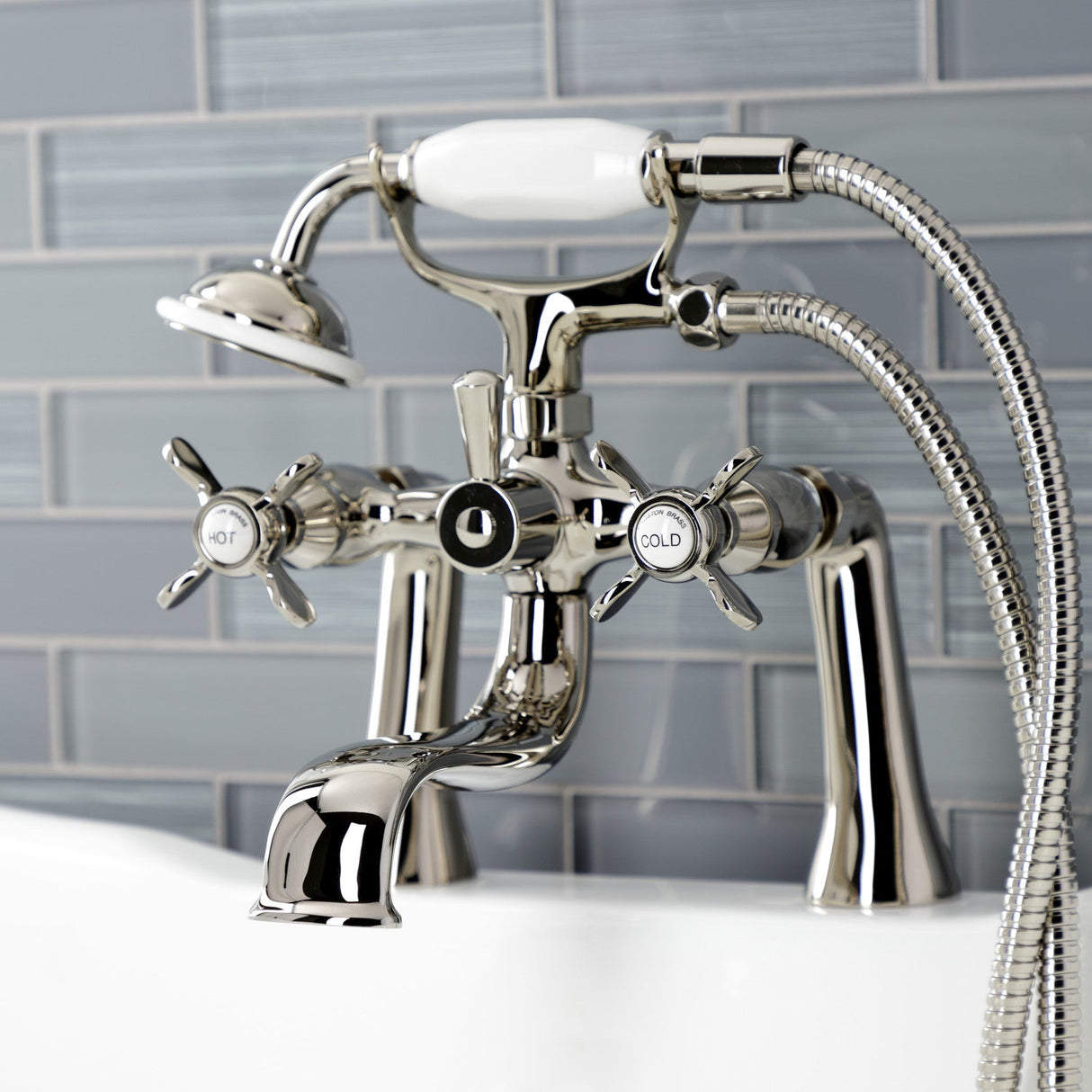 Essex KS248PN Three-Handle 2-Hole Deck Mount Clawfoot Tub Faucet with Handshower, Polished Nickel