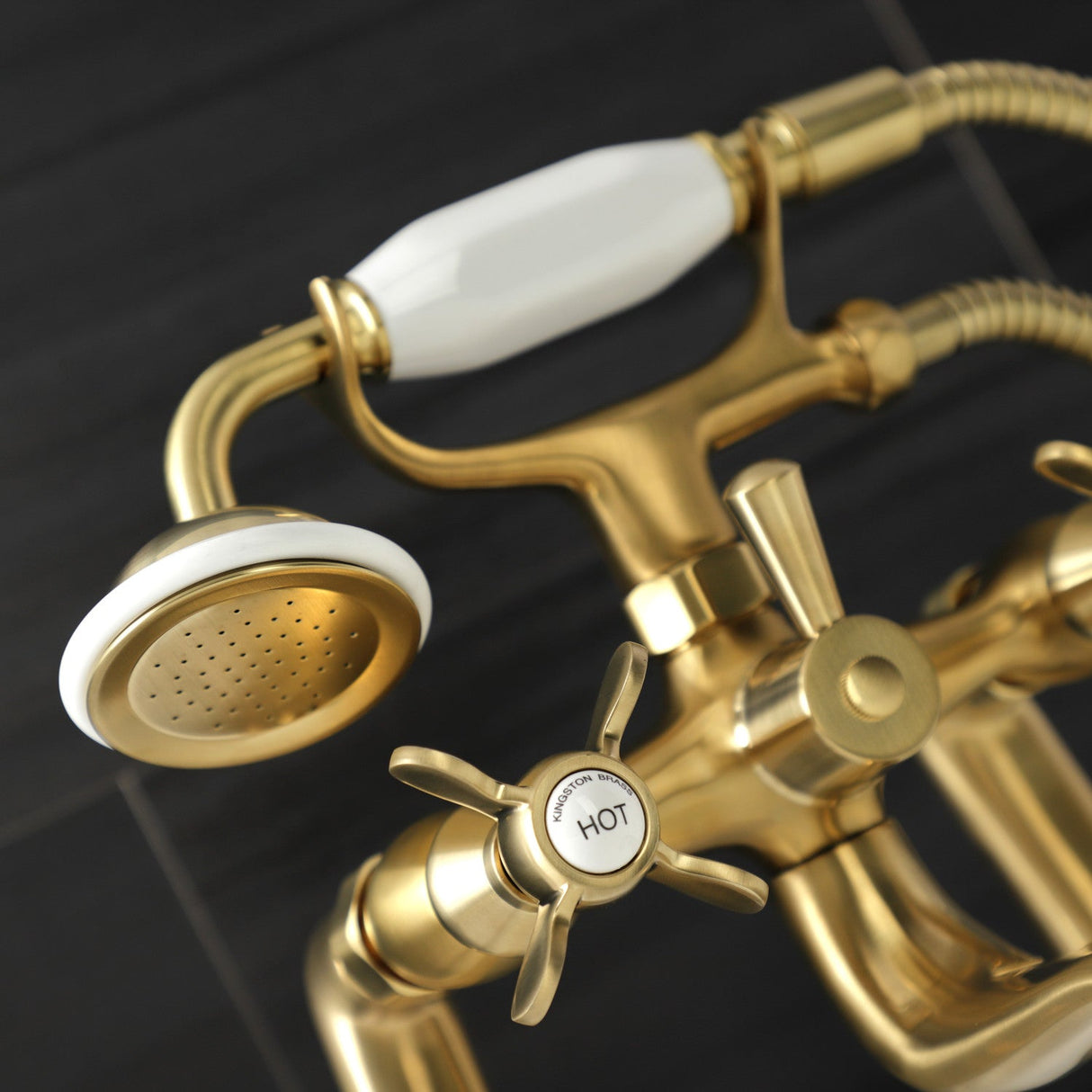 Essex KS248SB Three-Handle 2-Hole Deck Mount Clawfoot Tub Faucet with Handshower, Brushed Brass