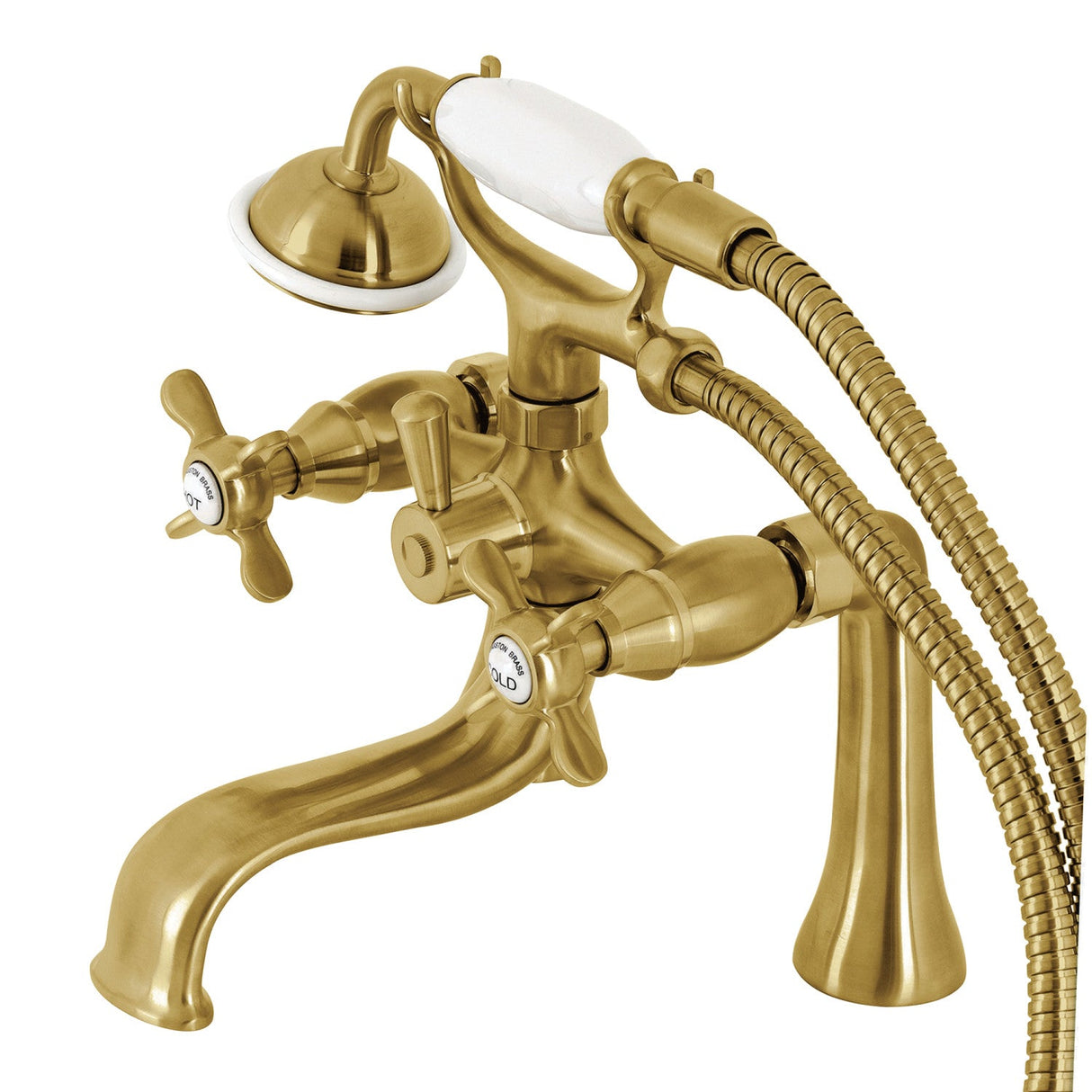 Essex KS248SB Three-Handle 2-Hole Deck Mount Clawfoot Tub Faucet with Handshower, Brushed Brass