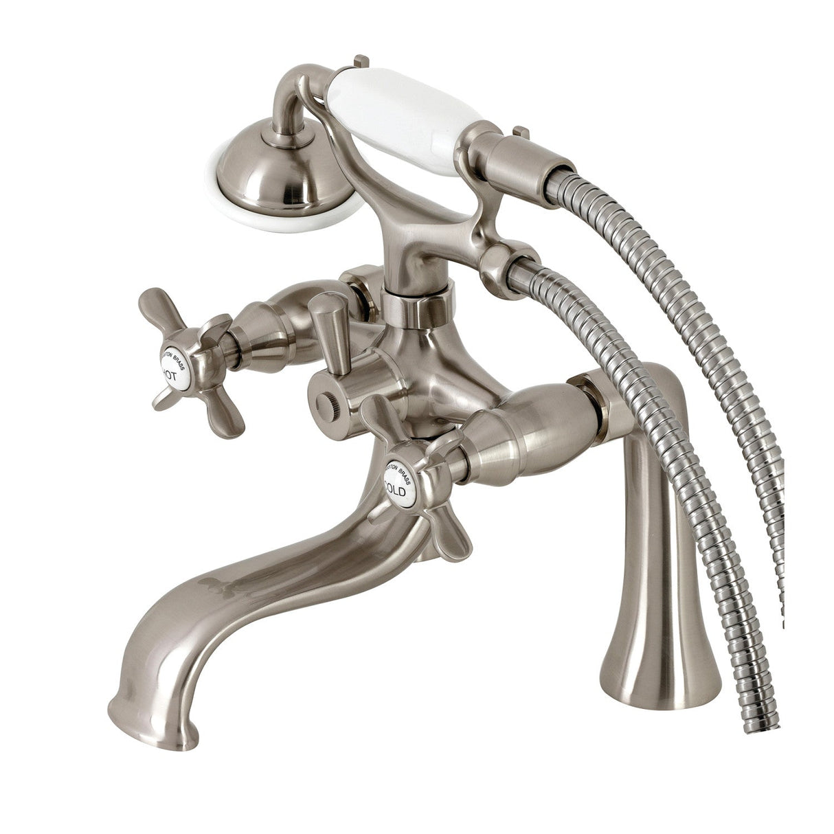 Essex KS248SN Three-Handle 2-Hole Deck Mount Clawfoot Tub Faucet with Handshower, Brushed Nickel