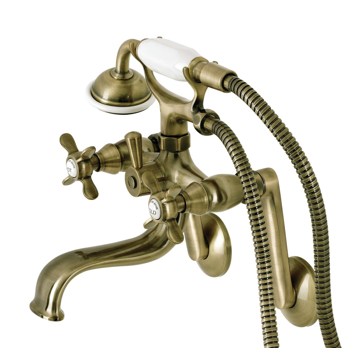 Kingston KS249AB Three-Handle 2-Hole Tub Wall Mount Clawfoot Tub Faucet with Hand Shower, Antique Brass