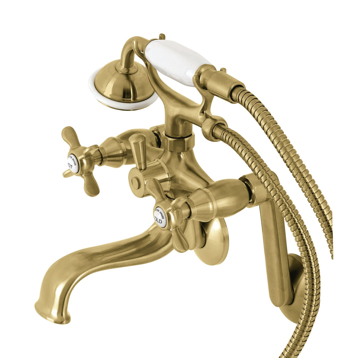 Kingston KS249SB Three-Handle 2-Hole Tub Wall Mount Clawfoot Tub Faucet with Hand Shower, Brushed Brass
