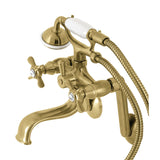 Kingston KS249SB Three-Handle 2-Hole Tub Wall Mount Clawfoot Tub Faucet with Hand Shower, Brushed Brass