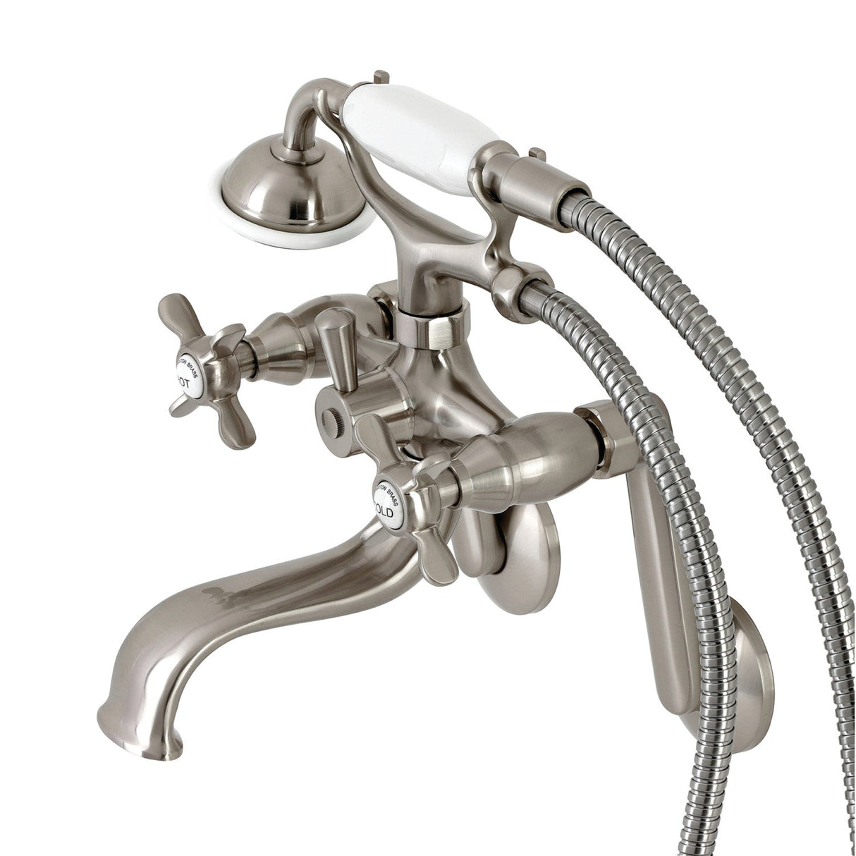 Kingston KS249SN Three-Handle 2-Hole Tub Wall Mount Clawfoot Tub Faucet with Hand Shower, Brushed Nickel