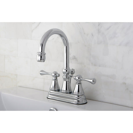 Restoration KS2611BL Two-Handle 3-Hole Deck Mount 4" Centerset Bathroom Faucet with Brass Pop-Up, Polished Chrome