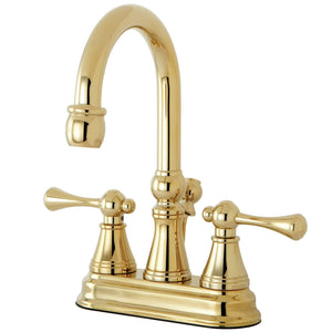 Restoration KS2612BL Two-Handle 3-Hole Deck Mount 4" Centerset Bathroom Faucet with Brass Pop-Up, Polished Brass
