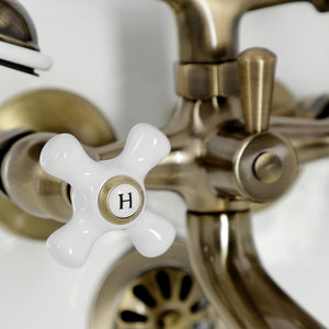 Kingston KS265PXAB Three-Handle 2-Hole Tub Wall Mount Clawfoot Tub Faucet with Hand Shower, Antique Brass