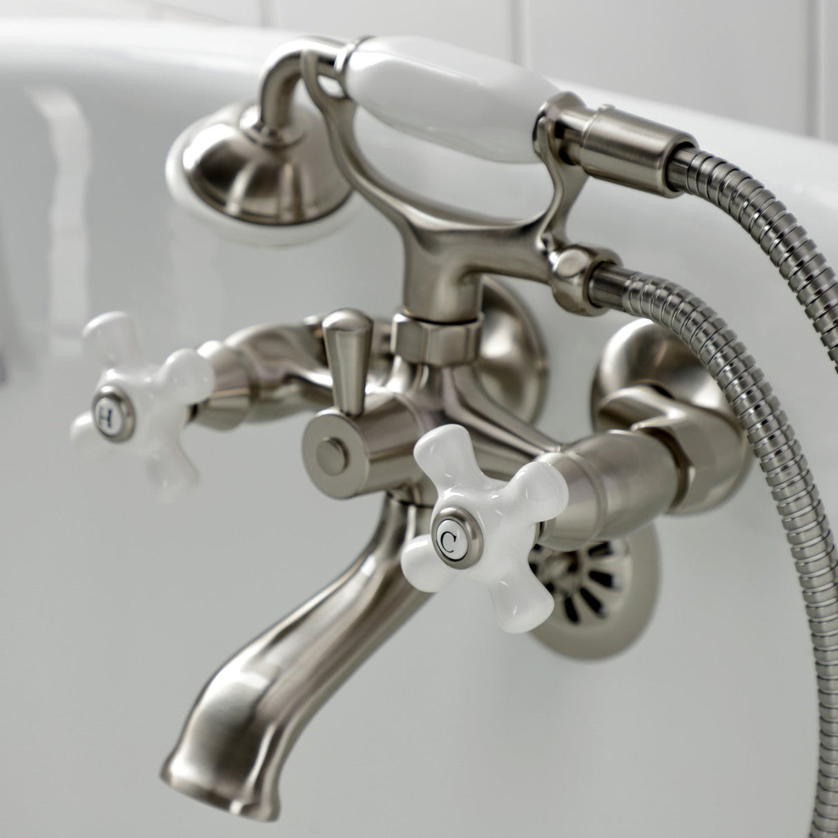 Kingston KS265PXSN Three-Handle 2-Hole Tub Wall Mount Clawfoot Tub Faucet with Hand Shower, Brushed Nickel