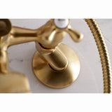 Kingston KS265SB Three-Handle 2-Hole Tub Wall Mount Clawfoot Tub Faucet with Hand Shower, Brushed Brass