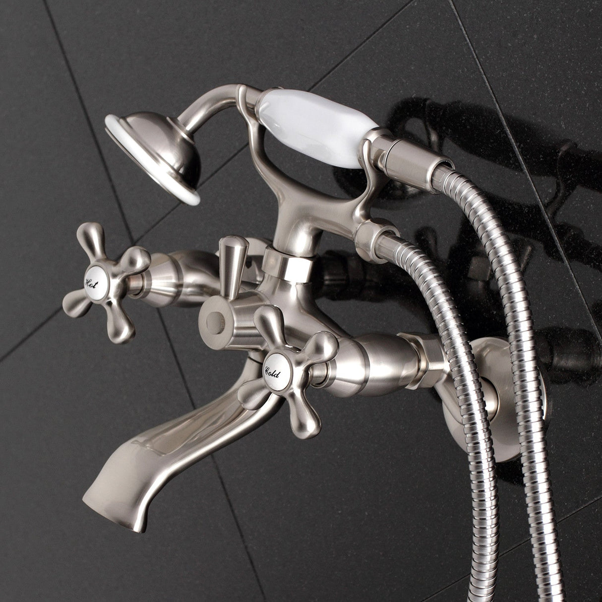 Kingston KS265SN Three-Handle 2-Hole Tub Wall Mount Clawfoot Tub Faucet with Hand Shower, Brushed Nickel
