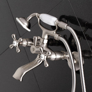 Kingston KS265SN Three-Handle 2-Hole Tub Wall Mount Clawfoot Tub Faucet with Hand Shower, Brushed Nickel