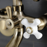 Kingston KS266PXAB Three-Handle 2-Hole Wall Mount Clawfoot Tub Faucet with Hand Shower, Antique Brass
