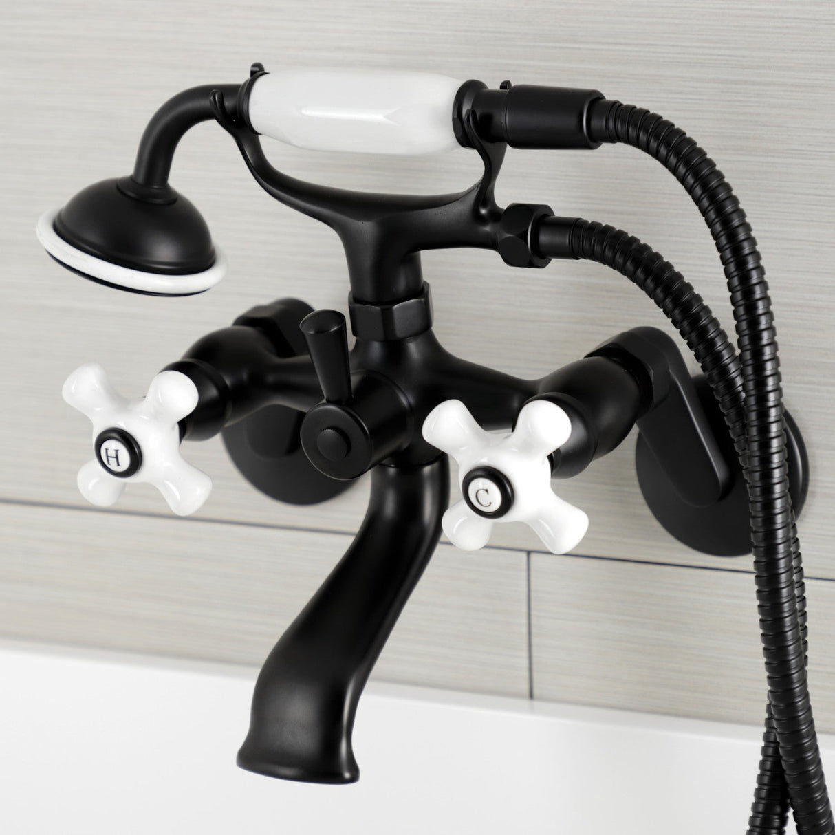 Kingston KS266PXMB Three-Handle 2-Hole Wall Mount Clawfoot Tub Faucet with Hand Shower, Matte Black