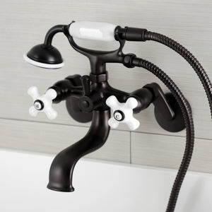 Kingston KS266PXORB Three-Handle 2-Hole Wall Mount Clawfoot Tub Faucet with Hand Shower, Oil Rubbed Bronze
