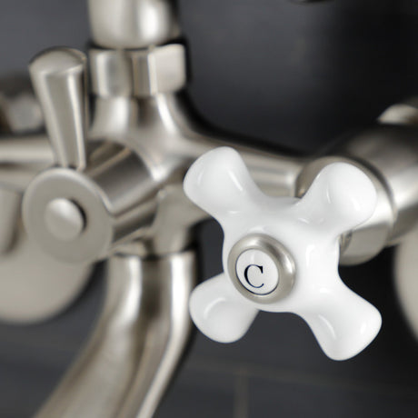 Kingston KS266PXSN Three-Handle 2-Hole Wall Mount Clawfoot Tub Faucet with Hand Shower, Brushed Nickel