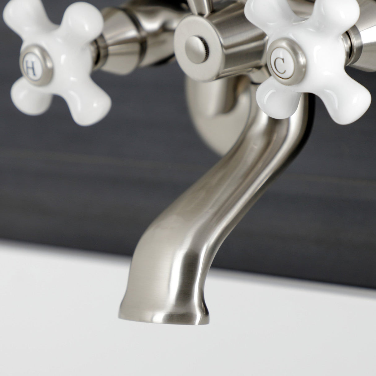 Kingston KS266PXSN Three-Handle 2-Hole Wall Mount Clawfoot Tub Faucet with Hand Shower, Brushed Nickel