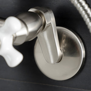 Kingston KS266PXSN Three-Handle 2-Hole Wall Mount Clawfoot Tub Faucet with Hand Shower, Brushed Nickel