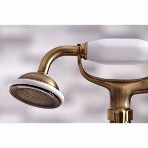 Kingston KS267AB Three-Handle 2-Hole Deck Mount Clawfoot Tub Faucet with Hand Shower, Antique Brass
