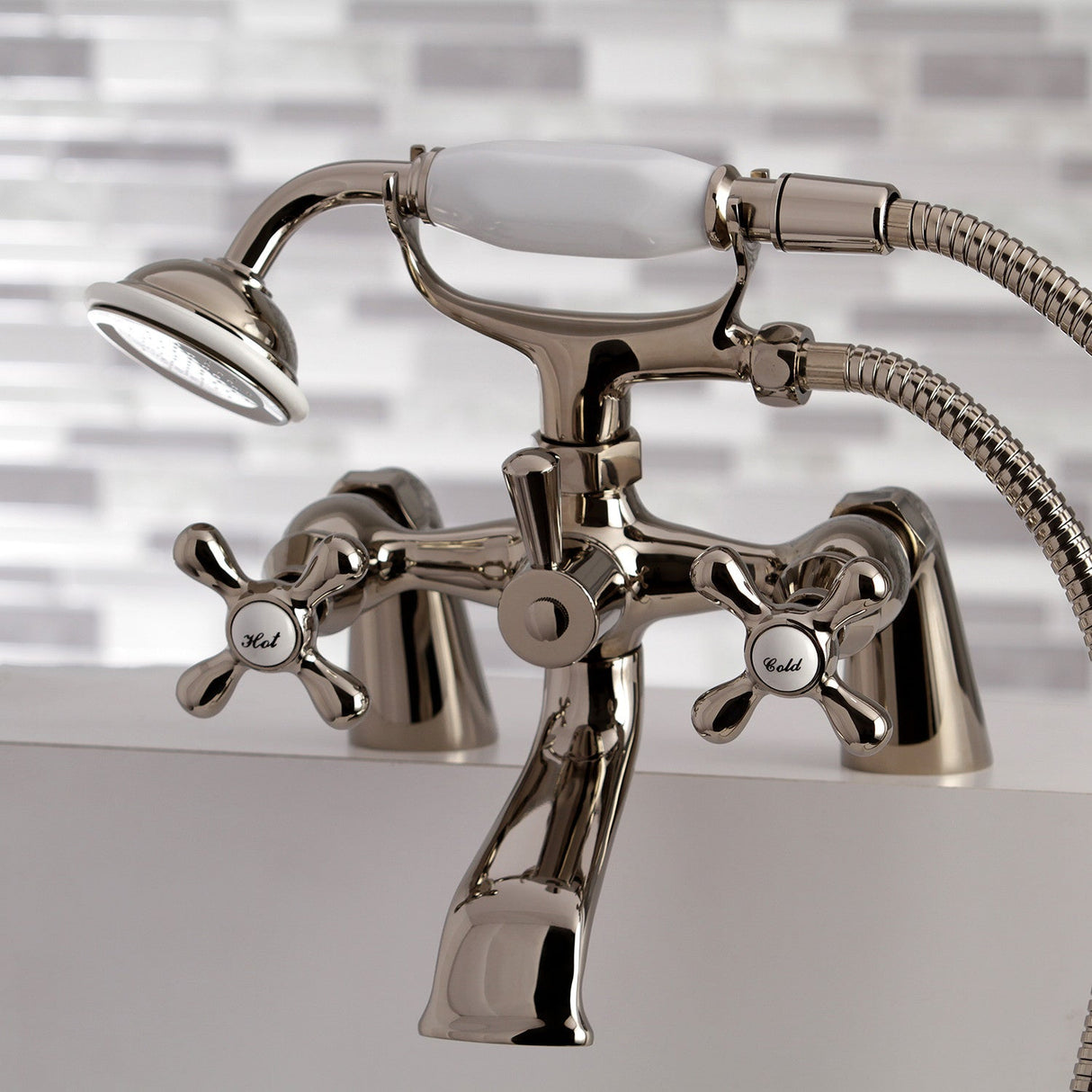 Kingston KS267PN Three-Handle 2-Hole Deck Mount Clawfoot Tub Faucet with Hand Shower, Polished Nickel