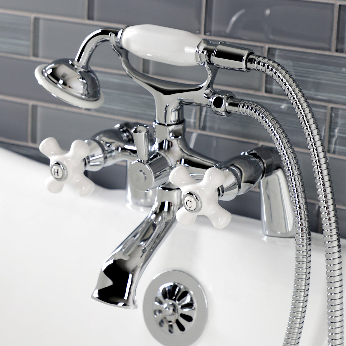 Kingston KS267PXC Three-Handle 2-Hole Deck Mount Clawfoot Tub Faucet with Hand Shower, Polished Chrome