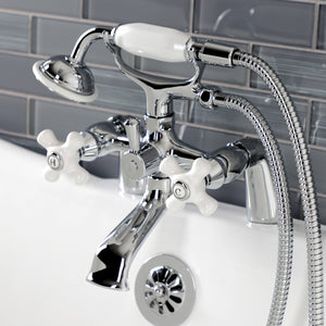 Kingston KS267PXC Three-Handle 2-Hole Deck Mount Clawfoot Tub Faucet with Hand Shower, Polished Chrome