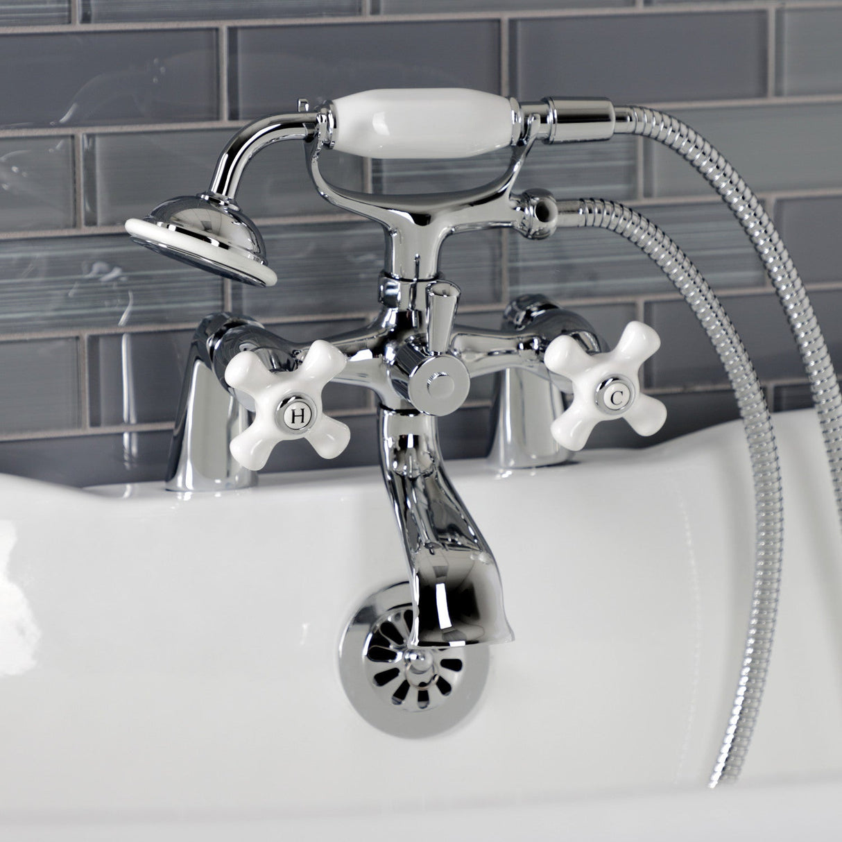 Kingston KS267PXC Three-Handle 2-Hole Deck Mount Clawfoot Tub Faucet with Hand Shower, Polished Chrome
